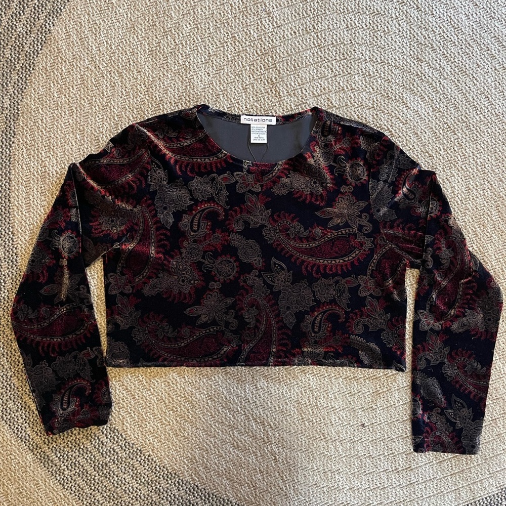 Notations Vintage cropped Velvet Paisley Long Sleeve Top size small paisley